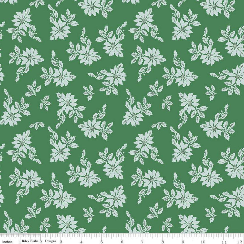 SANTA CLAUS LANE - White Poinsettias on Green Quilting Cotton Fabric - by Melissa Mortenson of Polka Dot Chair - Riley Blake Designs - C9611-green