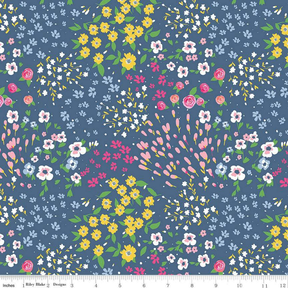 POPPY & POSEY - Garden on Navy colored Quilting Cotton Fabric - by Dodi Lee Poulsen - Riley Blake Designs - C10581-NAVY