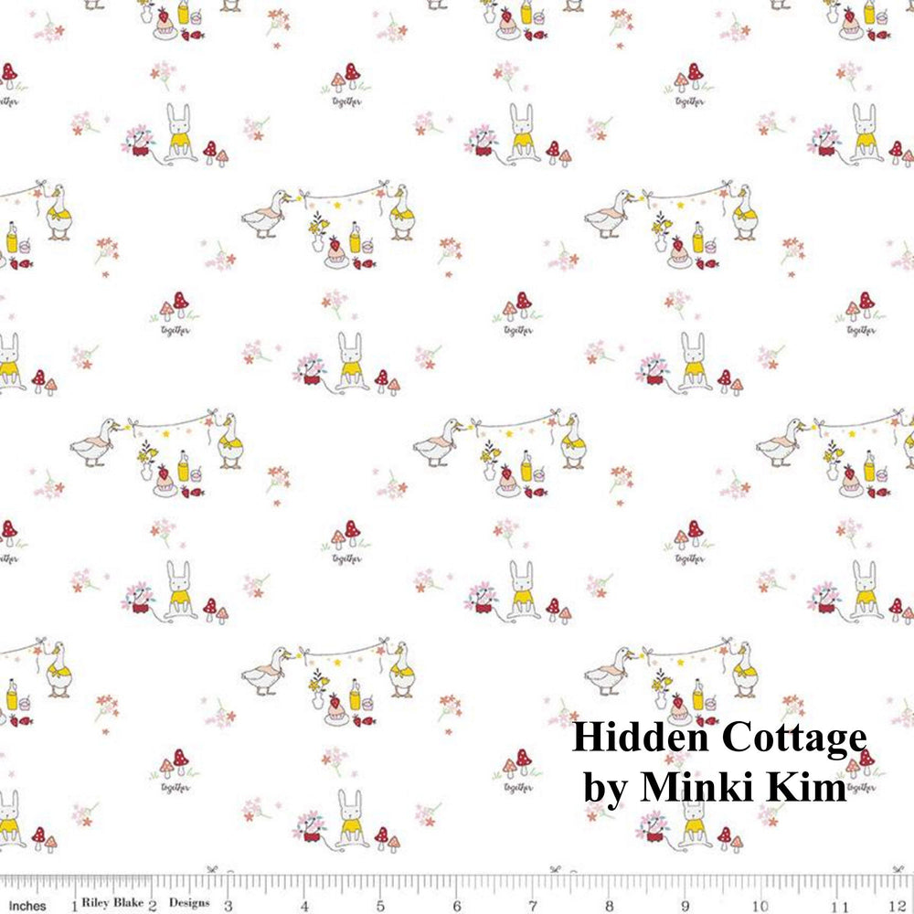 HIDDEN COTTAGE - Friends on Offwhite color Quilting Cotton Fabric - by Minki Kim - Riley Blake Designs - C10762-OFFWHITE