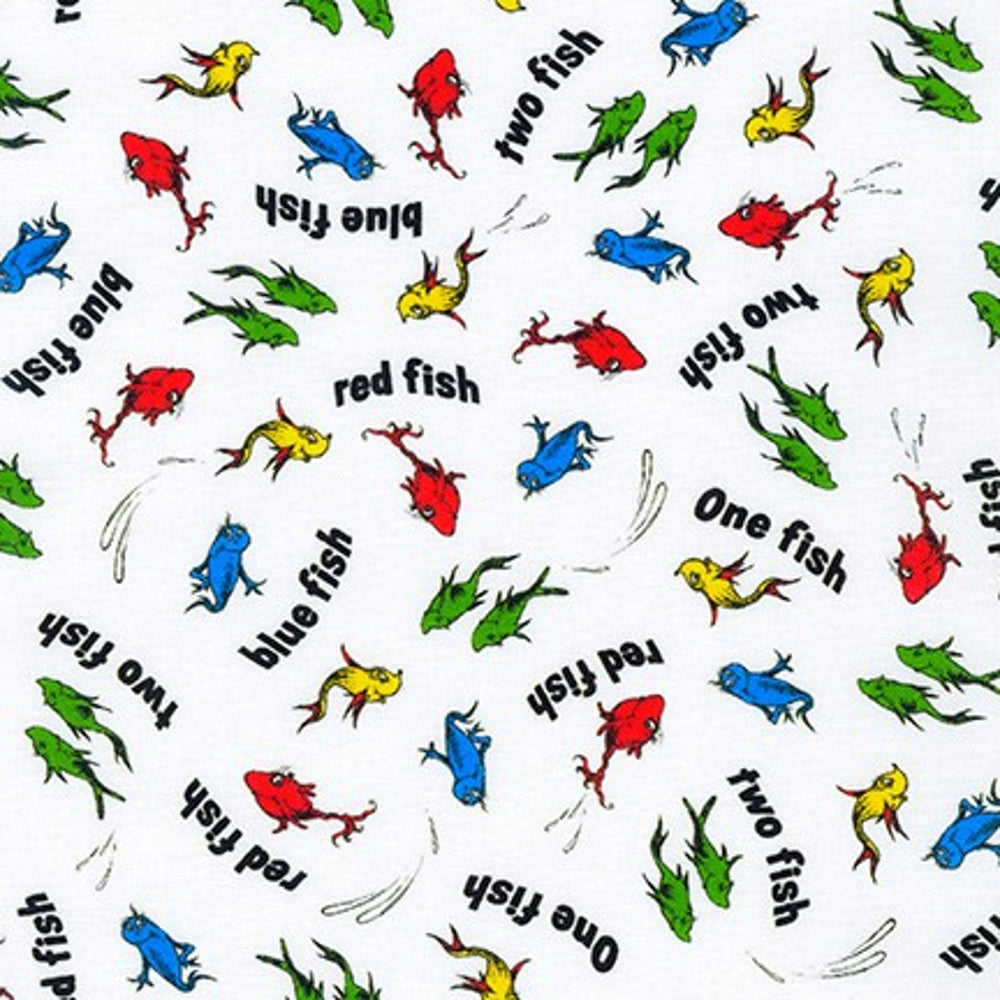 Dr. SEUSS - A little Dr. Seuss - One Fish Two Fish - White - Dr. Seuss Enterprises - Robert Kaufman - Quilting Cotton Fabric - ADE-20827-1