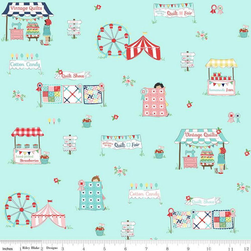 QUILT FAIR - Fair Vignettes on Aqua color Quilting Cotton Fabric - Tasha Noel - Riley Blake Designs - C11350-Aqua
